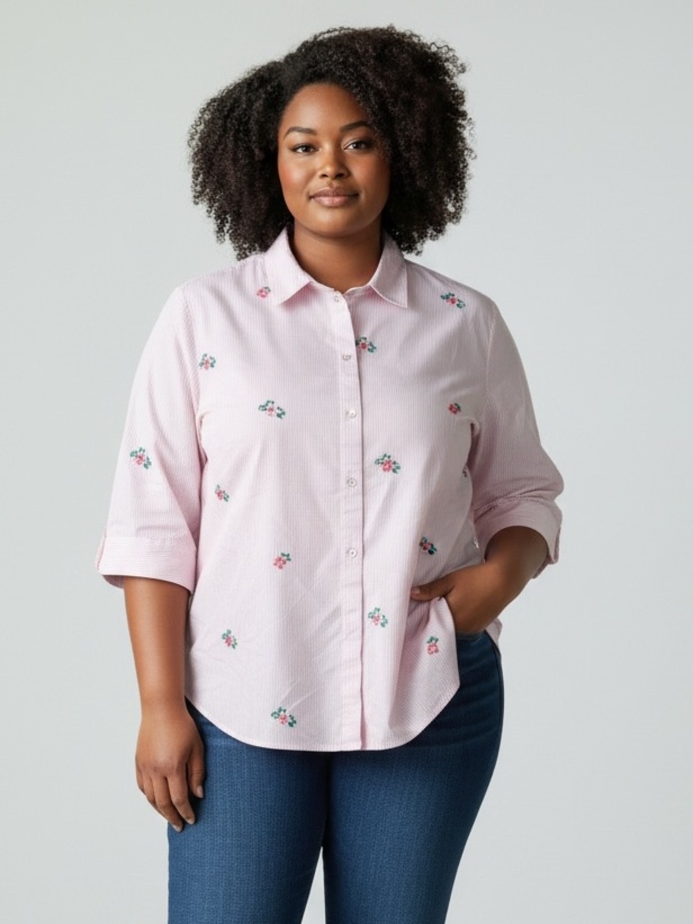 Allison Daley Pink Striped and Floral Embroidered Button Down Blouse